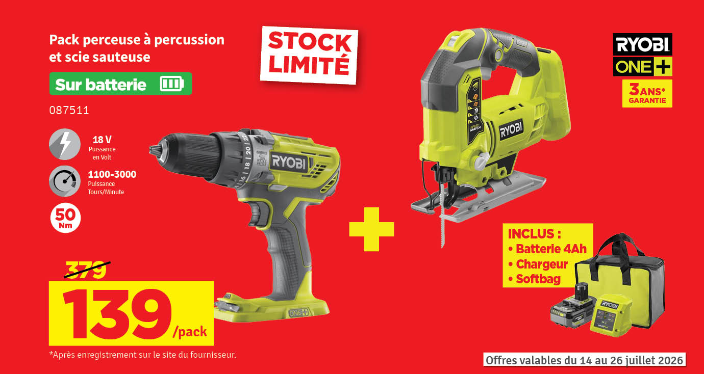 Pack scie sauteuse et perceuse visseuse sur batterie One+ 18 V RYOBI